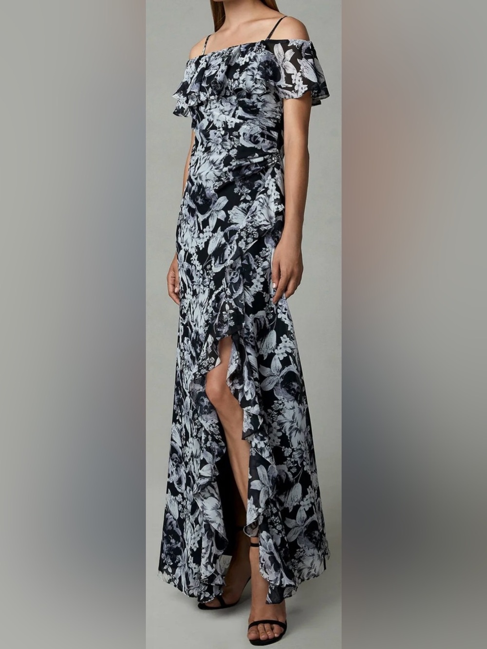 Cachet Floral Ruffled high Slit Dress off shoulder black ivory wedding party 6